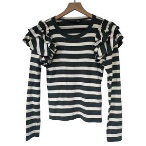 VERONICA BEARD JEANS Segrist Ruffled Stripe Ribbed Top S Forest Green Ivory Pima